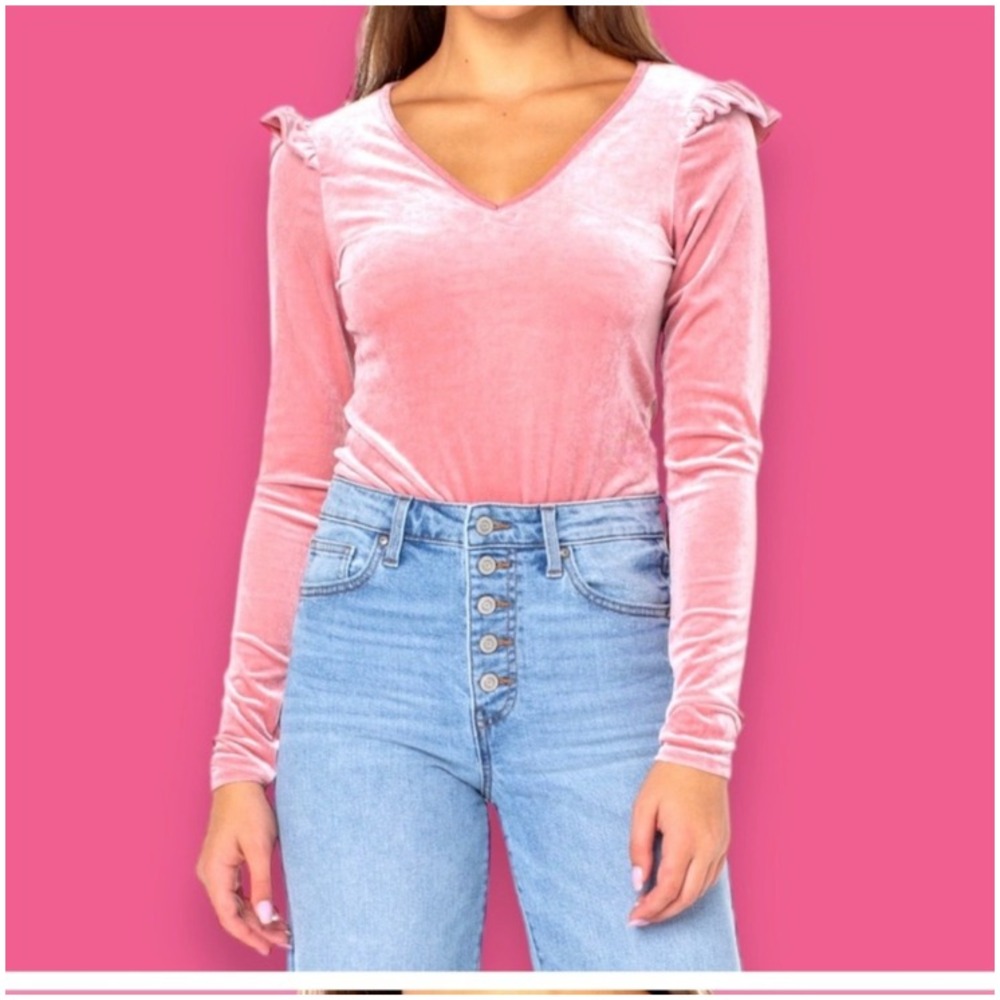 Celebrity Pink Women's Top Velvet Bodysuit Pink 2XL Solid V-Neck Long Sleeve